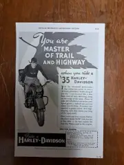 OLD MAGAZINE PRINT AD 1935 HARLEY DAVIDSON MOTORCYCLE, MASTER OF TRAIL & HIGHWAY