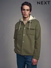 Khaki Green Borg Lined Popper Shacket with Hood (N78403) | $70