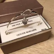 Vintage Fine Silver Plated Genuine Marcasite Heart Charmed Bangle Bracelet 7.25”