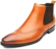 [Generic] Genuine Leather Chelsea Boot for Men Ankle Boot Brogue Carving Pull On Wingtip Flats Heel Pointed Toe Solid Colors Men's Leather Shoes