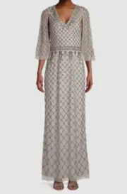 $695 Aidan by Aidan Mattox Women's Gray Embellished Cape-Sleeve Gown Dress Sz 2