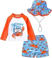 [Eaerobc] Toddler Baby Boy Swimwear Long Sleeve Rashguard Swimsuit with Sun Hat Cartoon Animal Bathing Suit, Crab, 12-18 Months