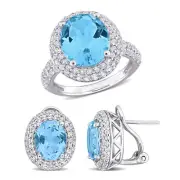 Amour Sterling Silver Sky Blue & White Topaz Leverback Earrings & Ring Set