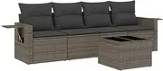 vidaXL 5-Piece Grey Poly Rattan Garden Sofa Set - Outdoor Modular Patio Seating/Dining Furniture with Cushions and Storage - Weather Resistant