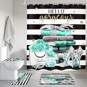 Cinbloo 4Pcs Black and Teal Shower Curtain Set,Modern High Heels Striped Magazine Book Bathroom Curtain with Rug, Toilet Lid Cover, Bath Mat,Floral Flower Perfume Shower Curtain with 12 Hooks
