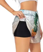 [JBYJBX] Pineapple by The Sea Print Shorts Athletic Running Women's Workout Pockets Gym Quick-Dry Sport Hiking Elastic