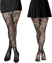[HZHSGLY] 2 Pcs Women's Black Lace Tights, High Waist Floral Tights, Ladies Patterned Fishnet Stockings for Various Scenarios