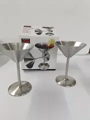 Atomic Martini Set 8oz Satin Stainless Metal Cocktail Glasses Tall Barware