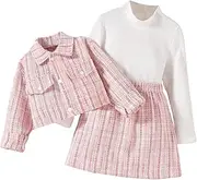 [WDIRARA] Toddler Girl's 3 Piece Outfits Plaid Tweed Jacket and Mini Skirt Set with Tee Top