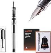 ABEETE Self-Inking Fountain Pen Set, Auto Ink Refill No Cartridges or Converter Needed, Includes Black Bottled Ink, Clear Barrel, Chrome Trim, Fine Nib-Smooth Writing, Journaling, Calligraphy