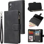 UEEBAI Wallet Case for iPhone XR, Premium Vintage PU Leather Magnetic Closure Handbag Zipper Pocket Case Kickstand Card Holder Slots with Wrist Strap TPU Shockproof Flip Cover for iPhone XR - Black