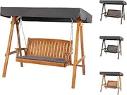 ALFORDSON Outdoor Swing Chair 3-Seater Chair with Adjustable Canopy, Fir Wood Lawn Furniture for Patio Garden Park Porch, UV-Resistant Wooden Armchair Lounge with Seat Cushion, 380kg Capacity, Teak