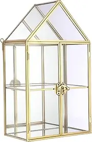 ELLDOO 2 Tier Clear Glass Storage Box, Gold Mirrored Jewelry Makeup Display Organizer Case, Decorative Tower box Storage for Trinket Perfume Lipstick Figure Statue Toy Display, House Shape