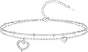 [KristLand] S925 Silver Double Layer Heart Anklet for Women Dainty Ball Station Layared Anklet Chain for Women Gift Adjusatble Long Ankle Chain, Metal, no gemstone