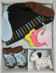 BABY BOY SET WITH CUTE HAT, SOCKS, PUPPY DOG & TEETHER/RATTLE TOY! GIFT BOXED!