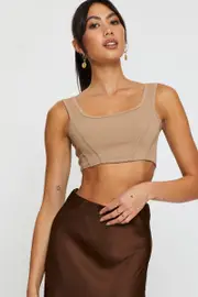 Brown Crop Tank Top Sleeveless Round Neck Seamless - Size S/M, Women's Tank