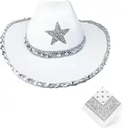 [Dylvan] Rhinestone Cowboy Hat, Sequin Wrapped Bride Party Cowgirl Hats Women Wide Brim Cute Cowboy Hats, with Adjustable Drawstring and Cowboy Party Paisley Bandana,White