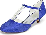 JIAJIA 01129 Damen Brautschuhe Geschlossene Zehe T-Riemen Niedrige Ferse Spitze Satin Pumpen Nachahmung Hochzeitsschuhe