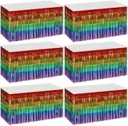 6 Packs Pride Rainbow Table Skirts- 110" x 30" LGBT Rainbow Metallic Foil Fringe Tinsel Table Skirts- Tinsel Foil Fringe Tablecloth LGBT Decorations for Gay Pride Day, Birthday, Wedding Party Decor