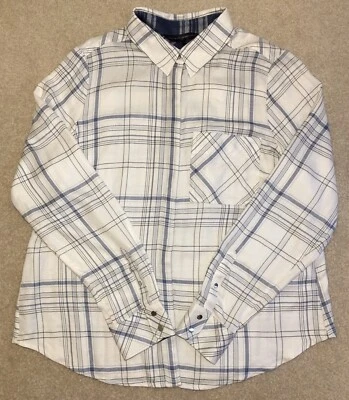 White House Black Market Plaid Shirt Blouse Size 12 Ivory Blue Grey