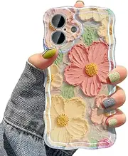UEEBAI Case for iPhone 16 Plus, Colorful Retro Oil Painting Flower Case Pretty Glossy Pattern Wave Case Cute Sparkly Floral Curly Cover Stylish Case for Women and Girl, Orange Yellow