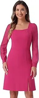 [Allegra K] Women's Casual Square Neck Split Side A-Line Semi-Sheer Puff Long Sleeve Mini Dress