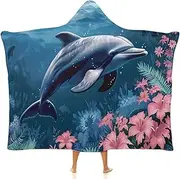 [Ausinbed] Dolphin Wearable Cloak Hooded Blanket Fleece Hooded Robe Cloak Arctic Velvet Warm Throw Quilt Poncho Soft Nap Blanket Novelty Blanket Air Conditioning Blanket,40"x50"