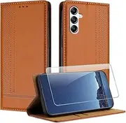 JayModCase Case for Samsung Galaxy A14 and Screen Protector, Premium Leather Flip Protective Case with Card Slots, Stand, Shockproof, Magnet, Mobile Phone Case for Samsung A14 - Brown