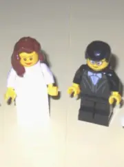 NEW LEGO WEDDING BROWN HAIR BRIDE AND BLACK HAIR GROOM WITH GLASSES, BLACK TUX