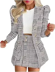 [hlysgo] Women's 2 Piece Outfits Single Breasted Long Sleeve Fashion Printed Blazer with Mini Skirt Business Suit Sets Dress Set…