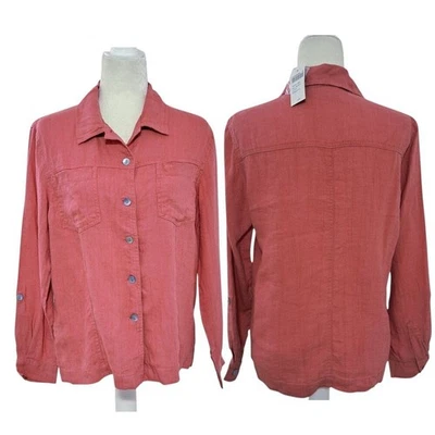 Chicos Women's Long Sleeve Roll Tab Linen Blend Terracotta Button Top Zs 1