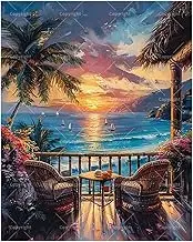 Afternoon Tea Paint by Numbers Kit for Adults - DIY Ocean Sunset from Balcony Painting on Canvas 16x20 Inches, Acrylic Paint Set, Suitable for Beginners,Coastal Art for Home Decoration/Gifts