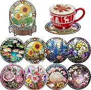 8 PCS Diamond Art Coasters - Flower Diamond Painting Kit With Holder, DIY Flowers Kit for Beginners Adults Art Craft Supplies Gift