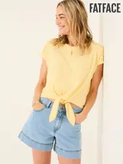 FatFace Light Yellow Lace Tie Front T Shirt (AK5474) | $81