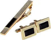 [bns7fapq] Alloy Gold Tie Clip Black Tie bar Cufflinks Set Fashion Design Suit Accessories Male Gifts (Color : A Size : One Size)