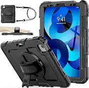 [SEYMAC stock] Case for iPad Air 5th/4th Generation 10.9 Inch 2022/2020 with Screen Protector, Pencil Holder, 360° Rotating Hand Strap&Stand, Black