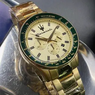 【MASERATI 瑪莎拉蒂】瑪莎拉蒂男錶型號R8873640005(金色錶面綠金錶殼金色精鋼錶帶款)