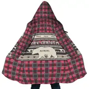 Personalized Hooded Cloak Coat, Red Black Plaid Christmas Bear Cloak Coats