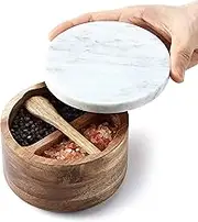 8SOM Acacia Salt and Pepper Box with Marble Lid and Embedded Spoon, Well-sealed Dust Lid, Salt Cellar Bowl Container Keeper to Storage Pepper Spice Herb Sea Salt, Dual 5 Ounce Capacity