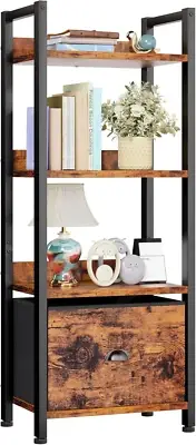 4 Tier Bookshelf with Drawer, Tall Bookcase with Shelves, Narrow Bookshelves Sto
