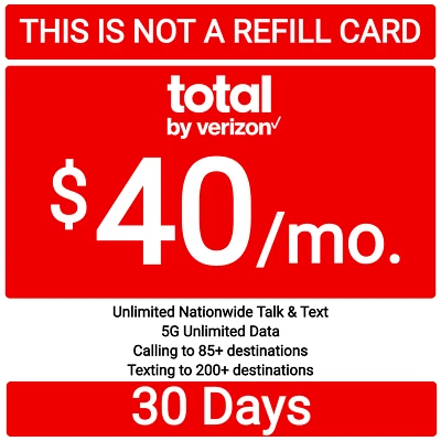 Total Wireless Prepaid $40 Base 5G Unlt'd Talk,Text,Data 5GB Hotspt Plan-30 Days