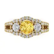 2.1 RD 3 stone Halo Natural Citrine Promise Bridal Wedding Ring 14k Yellow Gold