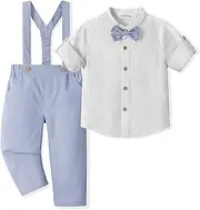 [Volunboy] Baby Boys' Suit, Children's Linen Long Sleeve Shirt with Bow Tie + Braces Trousers, Pack of 4 Suit, Sky Blue, 18-24 Months