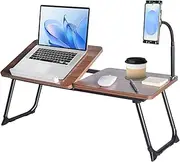 Portable Laptop Desk with Phone Holder, Foldable Legs, Dark Wood Finish