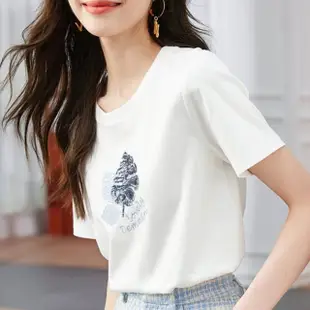 【MsMore】白色短袖T恤韓版寬鬆圓領印花棉短版上衣#118385(白)