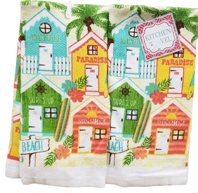 Set of 2 Same Kitchen Terry Towels (14"x24") SUMMER BEACH HOUSES & PALM TREES,MI