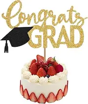 Congrats Grad Cake Topper 2025 – Gold Graduation Cake Toppers for Class of 2025, Graduation Decorations 2025 for Cake, Glitter Congrats Cake Topper for Party or Flower Bouquet Display