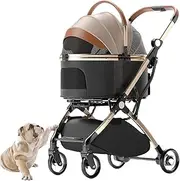 Foldable Pet Stroller, 3 in 1 Dog Cat Pushchair with Storage Basket, 4 Wheels Dog Cat Travel Stroller 15kg Capacity, Pet Pram Stroller for Small, Miniature Dogs, Cats Gold