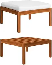Patio Ottoman Solid Wood Footstool with Cushion, Small Footrest Seat All Weather Outdoor Furniture for Porch Deck Garden