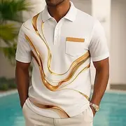 Men's Geometric Polo Short Sleeve Polo Collar Casual Daily Modern Sports Outdoor Athleisure Buttons Pocket Summer Robin's Egg Blue Golden